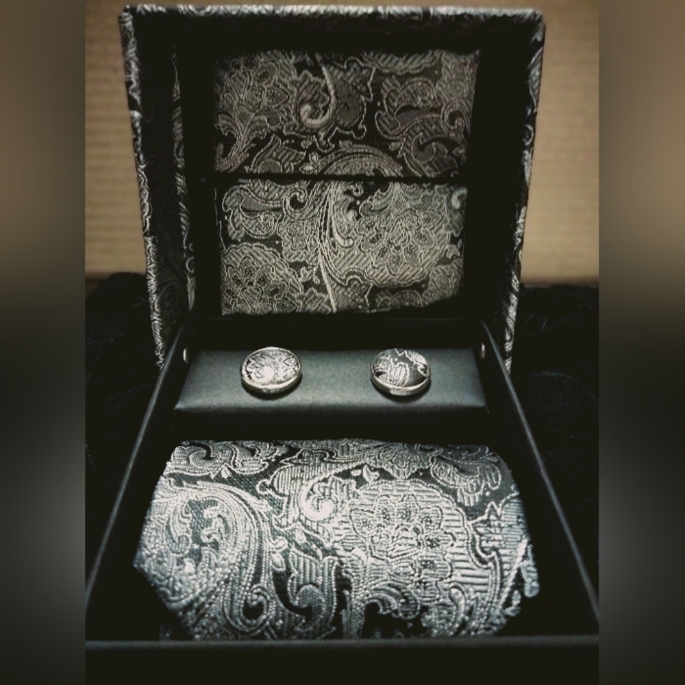 Men's Pastel Black Tie, Hankie and Cufflink Set